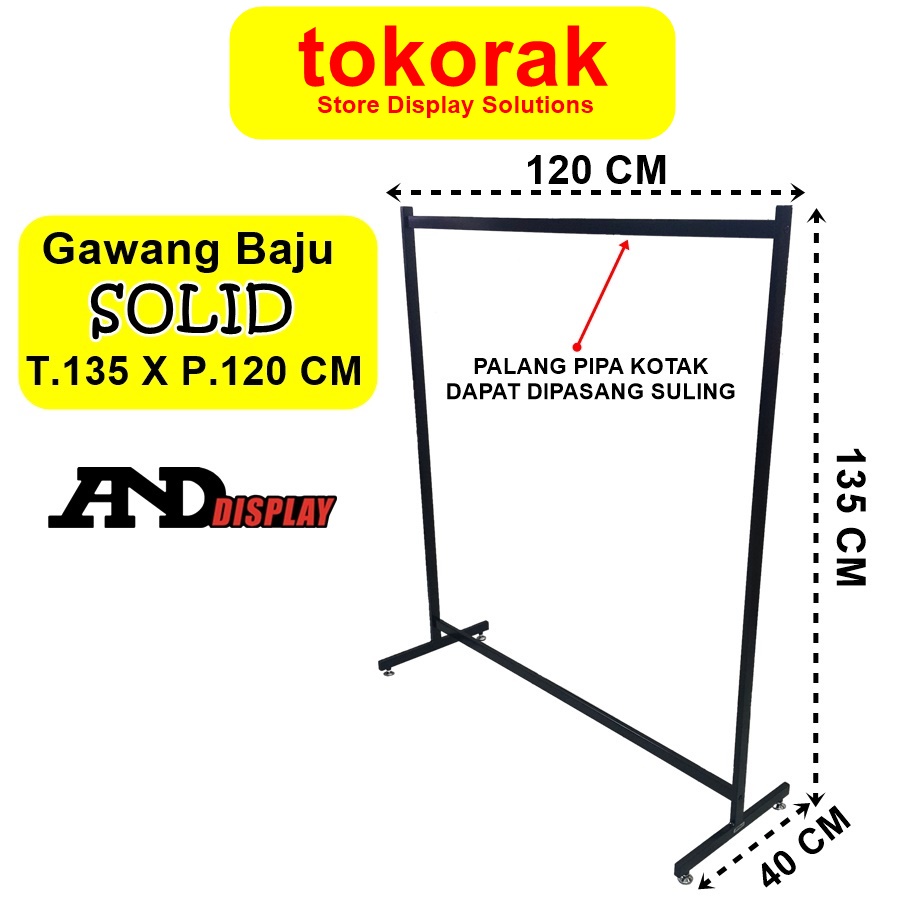 GAWANG BAJU SOLID RAK BESI GANTUNGAN PIPA KOTAK SULING L 120 CM HITAM