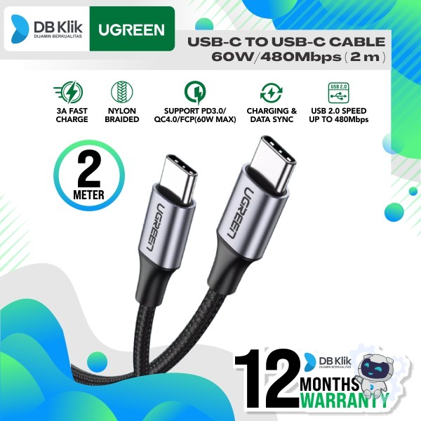 Kabel UGreen USB-C to USB-C 60W/480Mbps Nylon Braided 2 Meter (50152)