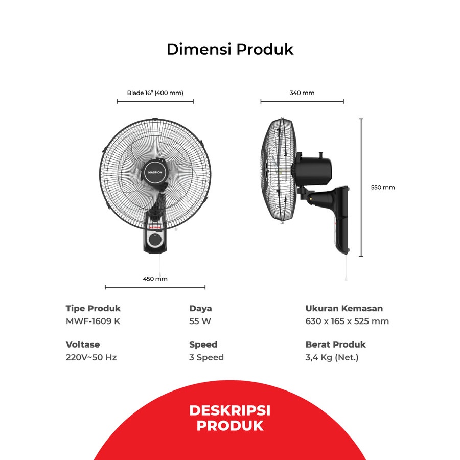 MASPION MWF 1609 K / WALL FAN 16 IN / KIPAS ANGIN DINDING / MWF1609K MURAH