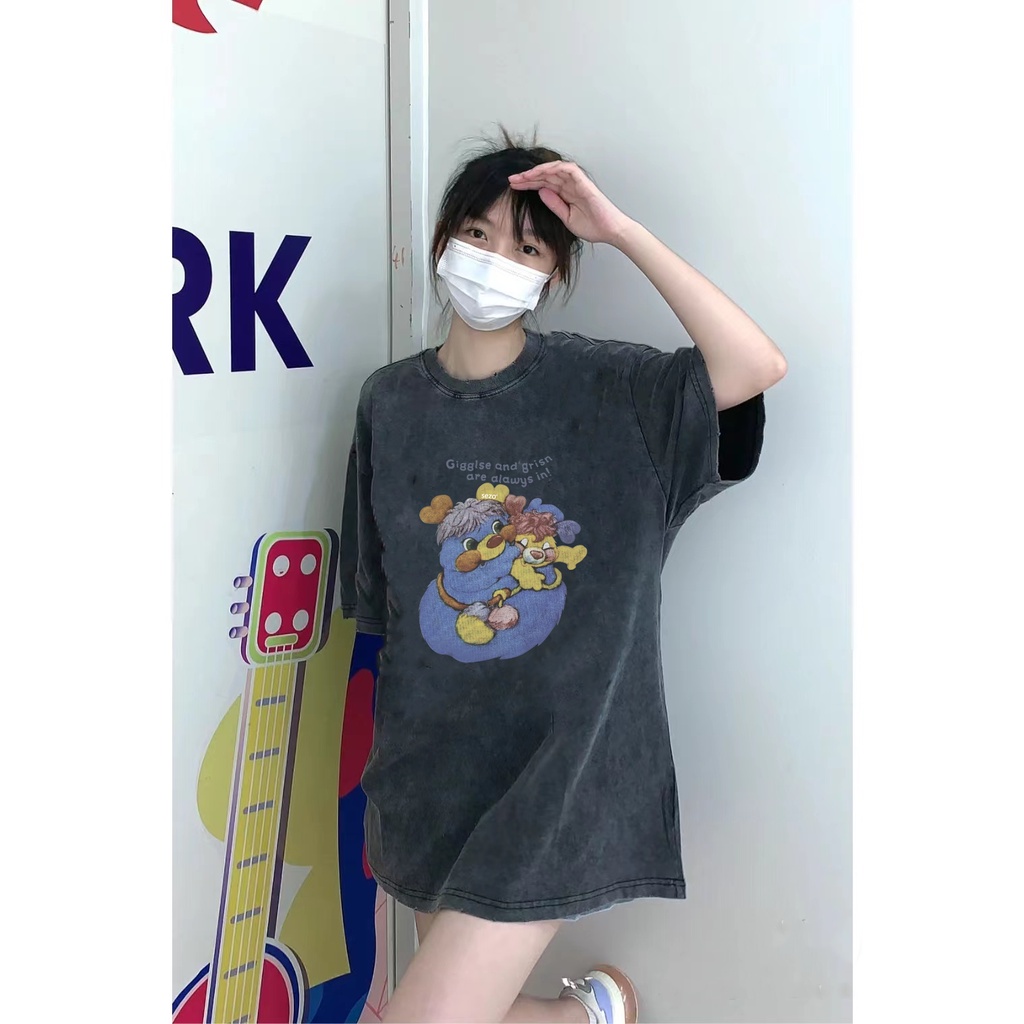 XiaoZhaiNv Korean Style Cartoon Pattern Washed Printing Kaos Wanita A0173