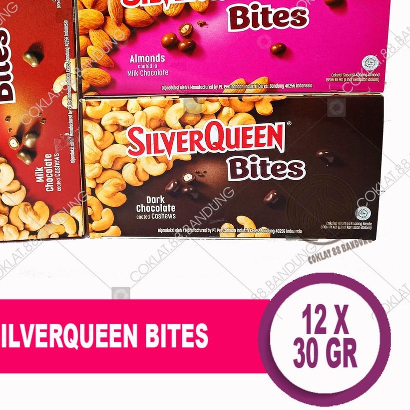 

✧ SILVERQUEEN BITES 30 GR/GRAM BOX ISI 12 PCS EX 35GR, COKELAT SILVER QUEEN BITES ALMOND MILK COKLAT DARK CASHEW 12 x 30gr ▼