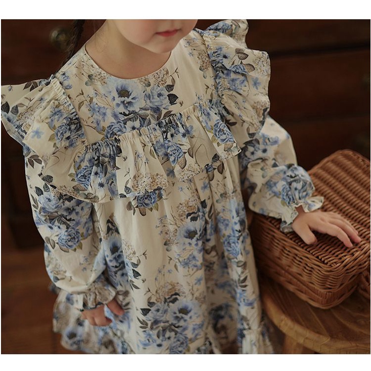 Dress Fashion Import Anak Perempuan - Putih Motif Bunga Biru