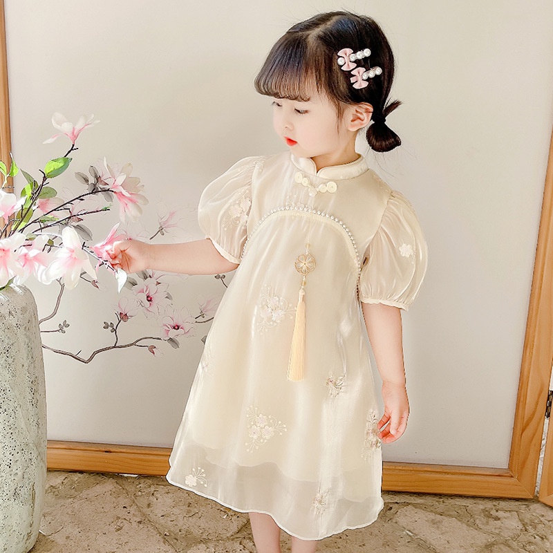 Dress Cheonsam Anak Perempuan Import Bunga Mutiara Brokenwhite