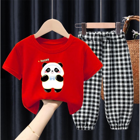 IL - SETELAN ANAK SERLI LUCKY PANDA TERBARU / ONE SET ANAK MOTIF PANDA TARTAN