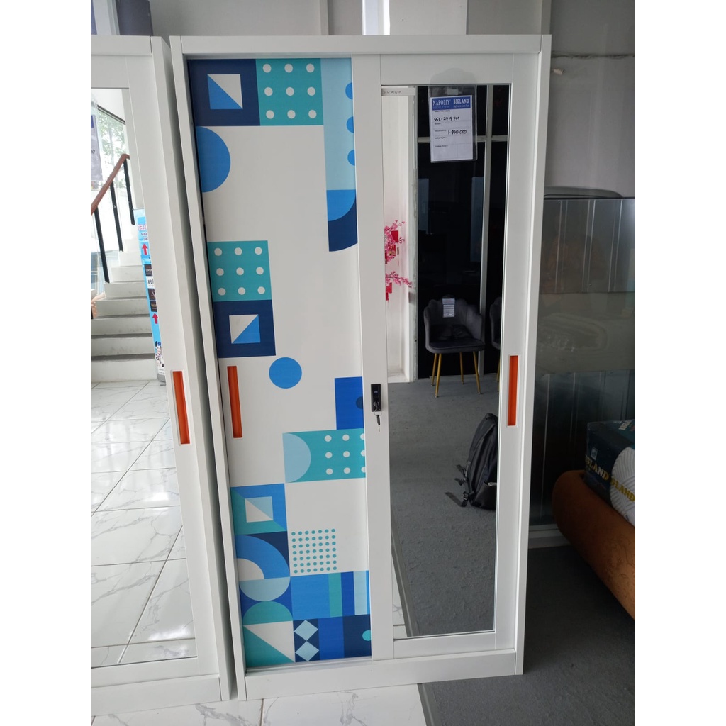 LEMARI PAKAIAN / LEMARI BAJU BESI PINTU SLIDING ANTI RAYAP 2 PINTU GANTUNG FULL KACA + KUNCI