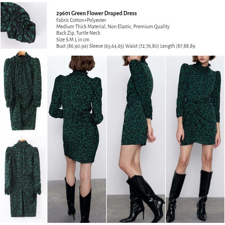 29601 Dress Hijau Wanita Lengan Panjang Green Flower Formal Dress