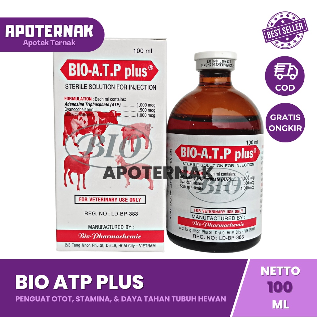 BIO ATP PLUS 100 mL | Injeksi ATP Energi Instan Penguat Otot Stamina dan Daya Tahan Tubuh Hewan | Seperti Biodin Biosan Biotonik Biopros