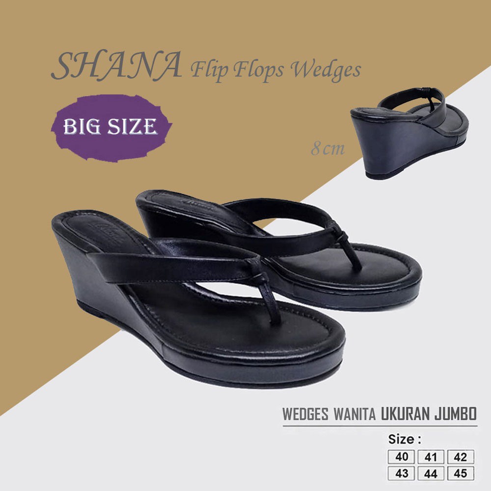 SHANA X ZAGIB FLIP FLOP | Sandal Wanita Full Black Big Size Wedges Jepit Pesta Ukuran Besar 40-45