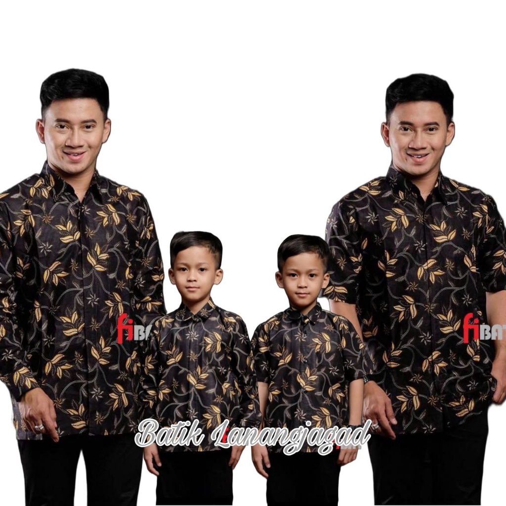 Batik Pria Couple Batik Ayah dan Anak Laki Laki Kemeja Batik Anak Cowok Motif RantingDaun Hitam