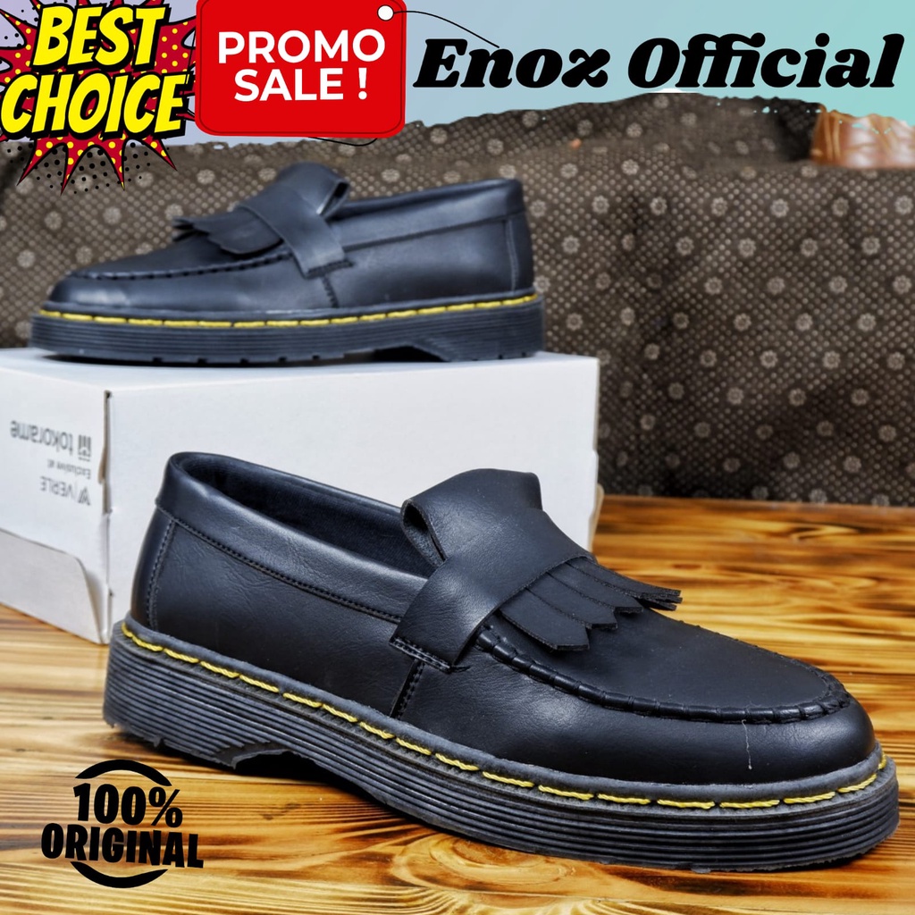 Sepatu Loafers Pria Casual Formal Slip On Hitam Sepatu Selop Doxmart Pantofel Kerja Kulit PU Penny Loafer Sintetic Premium Enoz Eyebrow