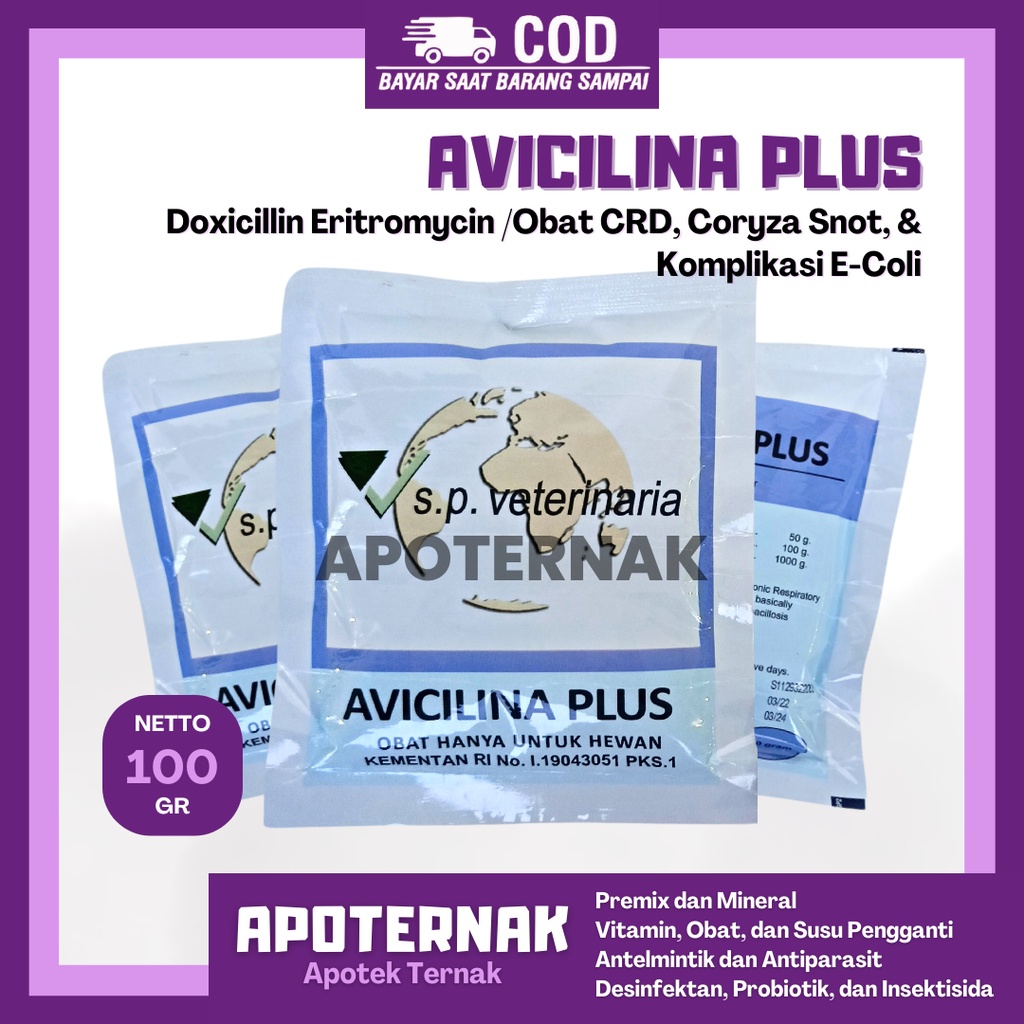 AVICILINA PLUS 100 gr | Obat Infeksi Bakteri CRD Coryza Snot &amp; Komplikasi E Coli Pada Unggas Ayam | Do xi cil lin  Erit ro my cin