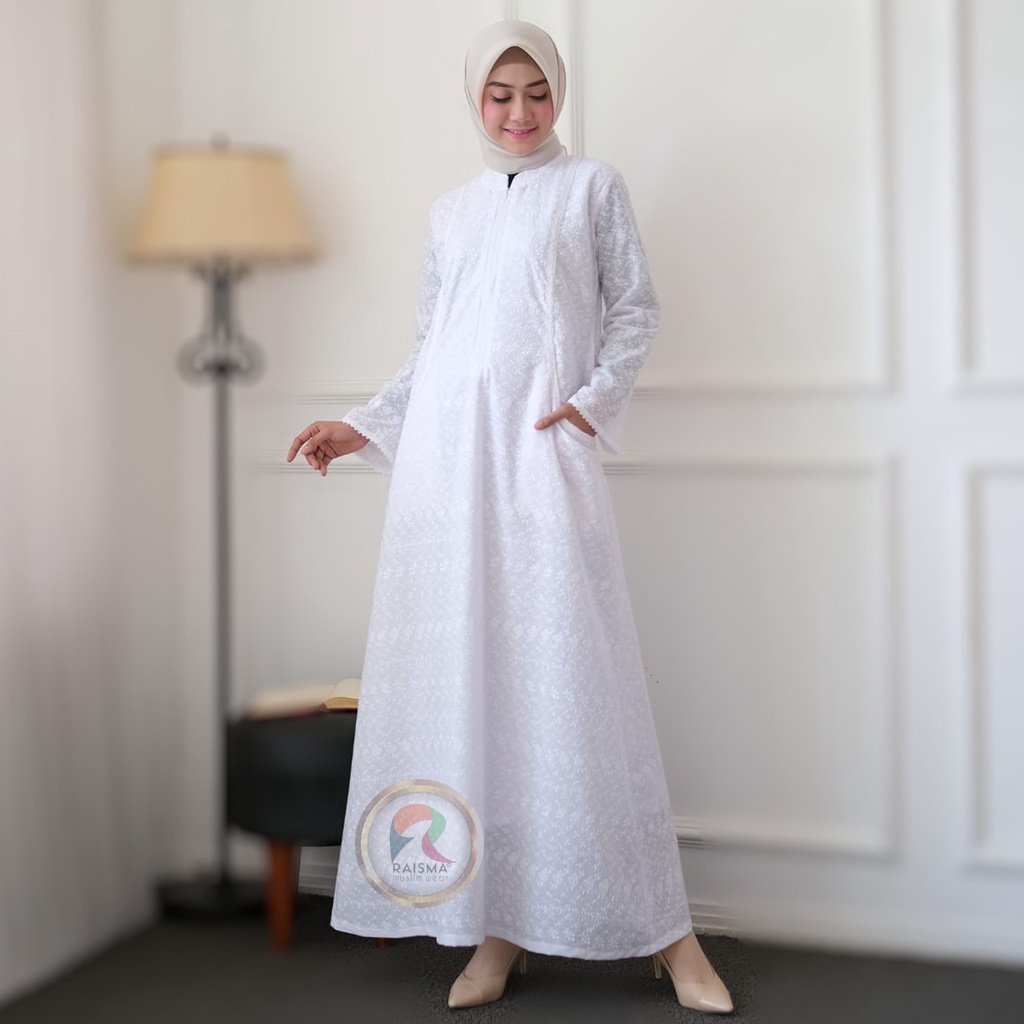 Raisma - Baju Gamis Putih Wanita Katun Baju Lebaran Umroh Haji Busana Muslim Wanita