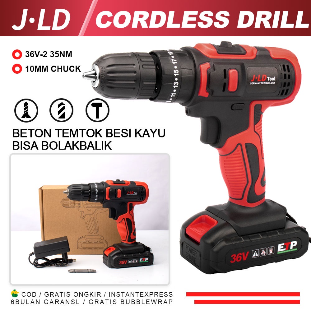 JLD Bor Baterai 36V Cordless Impact Drill 10mm Mesin Bor Baterai Cas - Bor 36V 1 Batre