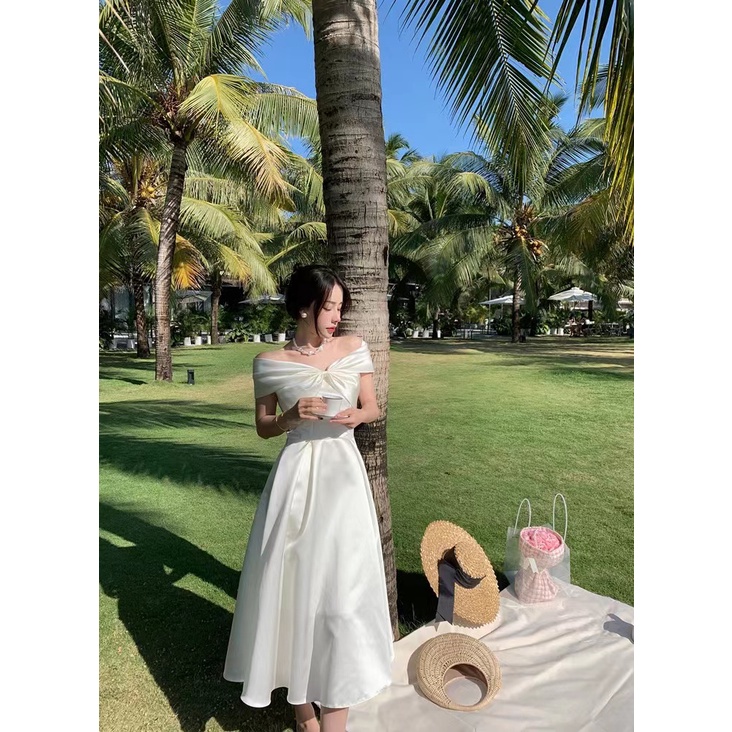 READY STOCK SAF - REXIA white sateen sabrina dress woman premium / korean summer dress / beachwear b