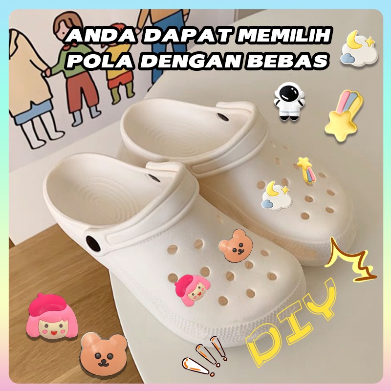 Sendal Kodok Wanita Import Korea DIY Sandal Baim Kekinian Karet Murah Sandal Crocs Rumah Empuk Tingkatkan Non-slip Tabal Bebas Pilih Sticker Sesuka Hati