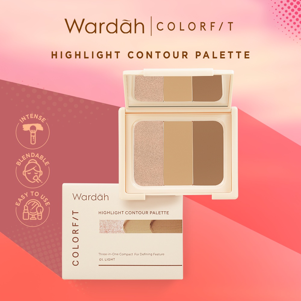 WARDAH Colorfit Highlight Contour Palette Indonesia / 3 IN 1 Highlighter Contur Concealer / Intense Blendable / Creamy Shimmer Natural Pigmented Look Savvy Soft Focus Halus Palet / 01 Light 02 Medium / Cosmetic Makeup Face Eye Makeup / Eyeshadow Series