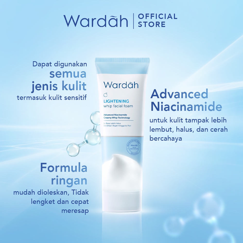 WARDAH Lightening Whip Facial Foam Indonesia / Pembersih Wajah 50ml 100ml / Advanced Niacinamide Creamy Whip Technology / 5x Busa Lebih Halus Bersihkan Wajah Hingga ke Pori / Berminyak / Cleanser Cleansing Face Wash Sabun Cuci Muka / Skincare Care Series