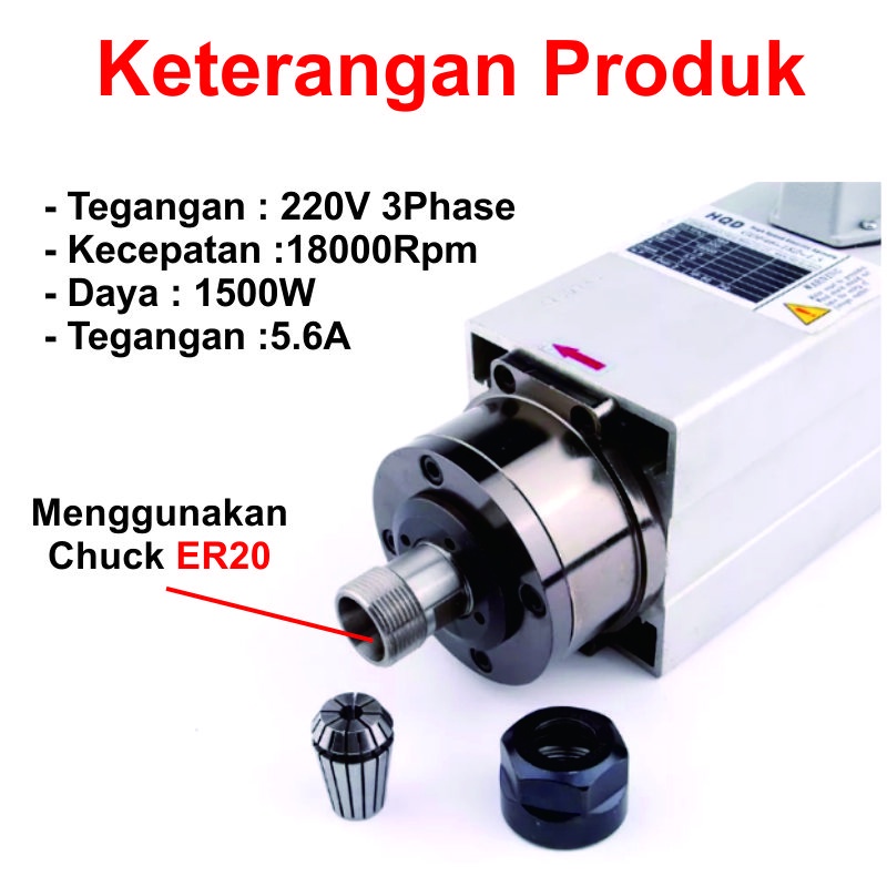 [HAEBOT] Spindle AC Motor 1.5KW 220V Air Cooled ER20 18000rpm CNC Router 1500W Mini DIY Torsi Tinggi Kuat High Speed Power