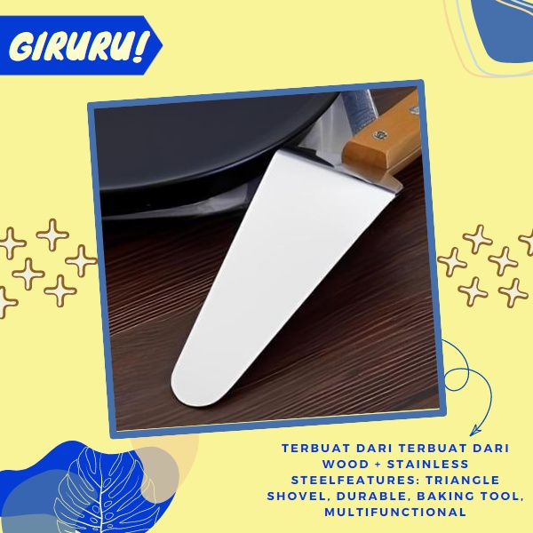 SPATULA SUTIL KAPE STAINLESS STEEL GAGANG KAYU / SHOVEL PIE CAKE STAINLESS / SPATULA FOOD GRADE / HomeMaster Kape/Scraper/Pemotong Adonan Stainless Bulan Bengkok / Cake/Pizza Spade/Spatula Pemotong Pizza/Kue Stainless Pizza / Sendok Saji Pisau Potong Kue