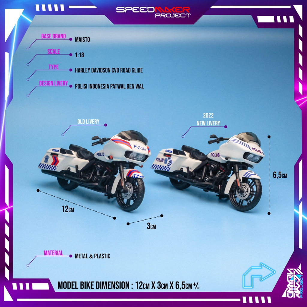 Maisto Custom Harley Davidson CVO Road Glide Polisi Patwal Den Wal Diecast Miniatur Motor Bike 1:18
