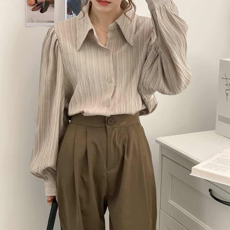 Blouse Wanita Import Crinkle Shirt Oversize Kemeja Lengan Panjang Korean Style