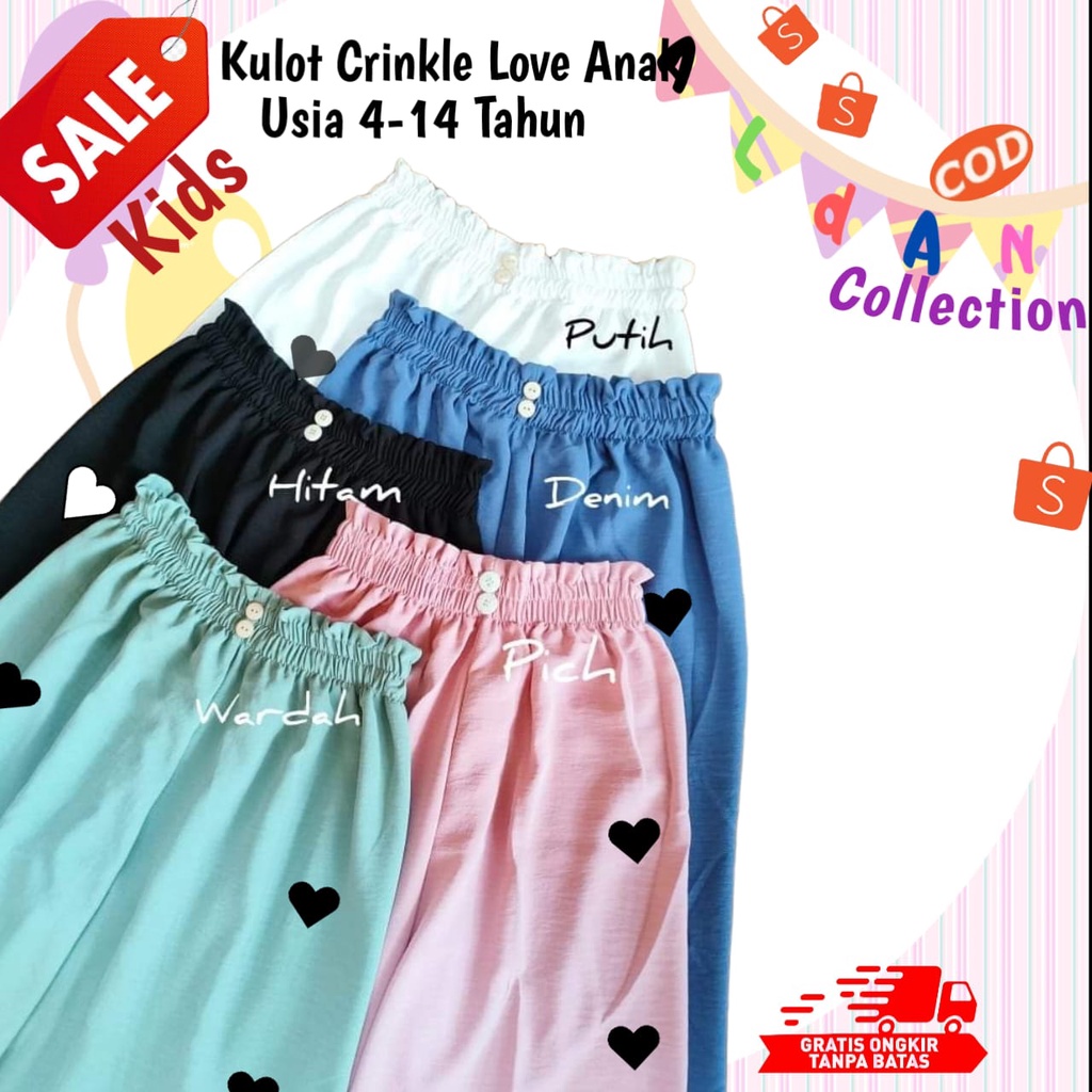 Kulot Crinkle Love Anak Perempuan Usia 4-14 Tahun / Kulot Crinkle Anak / Celana Crinkle Anak / Kulot Anak Perempuan / Celana Anak Perempuan