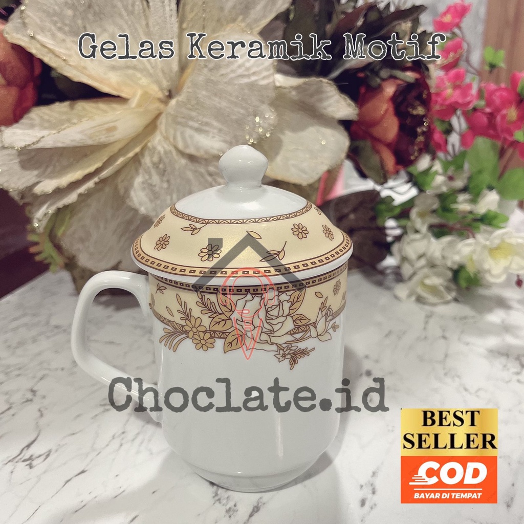 MUG GELAS TUTUP KERAMIK MOTIF