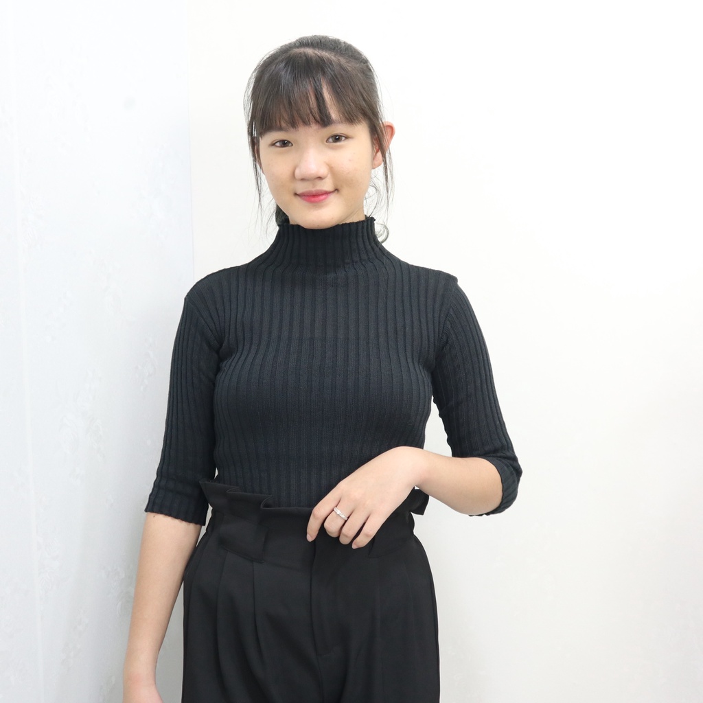 TurtleNeck Rajut Lengan 3/4 Atasan Baju Rajut Wanita Jalur Besar