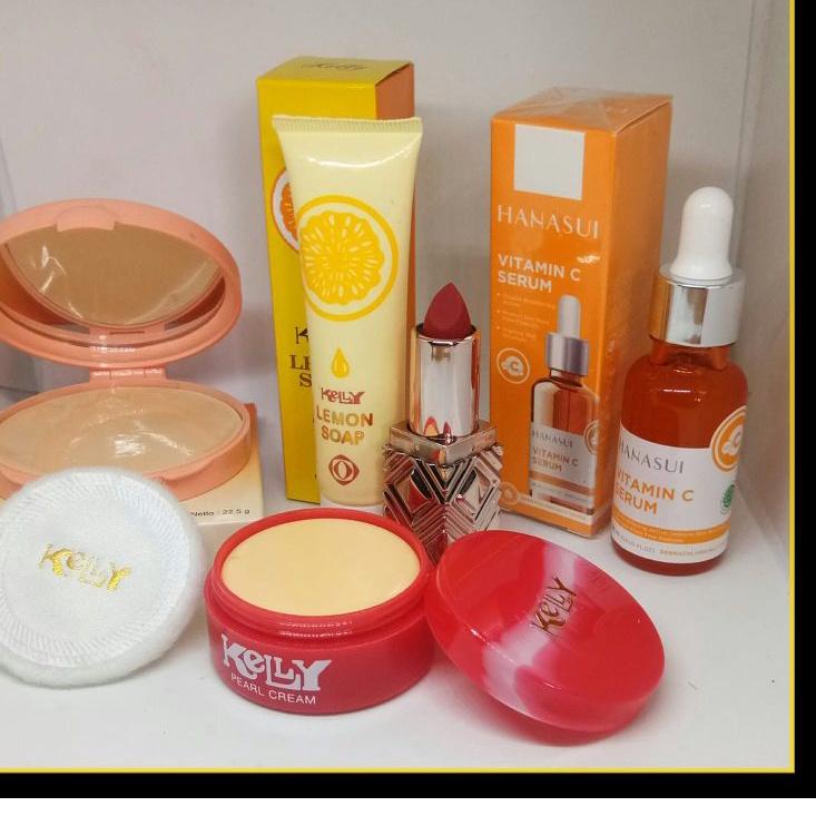 ➦ Paket Kecantikan 5IN1 - Bedak Padat Kelly - Kelly Lemon Soap - Kelly Pearl Cream - Hanasui Vit C S