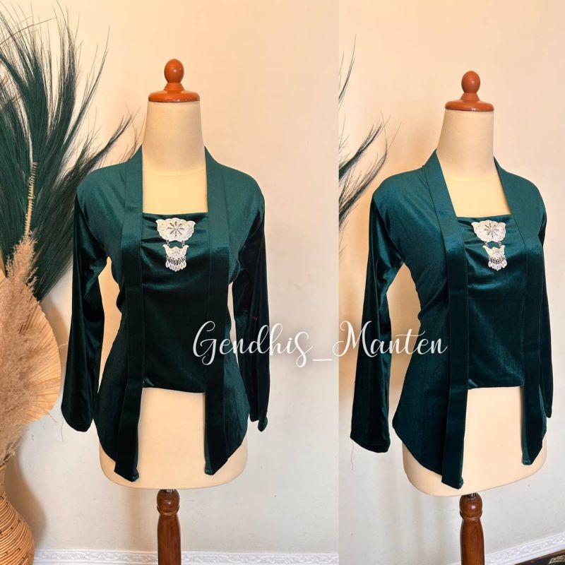 [Hijau Botol] Kebaya Kutubaru, Body Sepinggang - Bahan Bludru