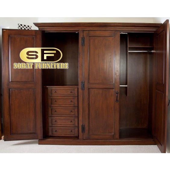 Lemari Pakaian - Lemari Baju Kayu Jati 3 Pintu 5 Laci di Dalam Modern