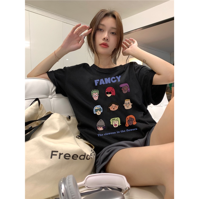 EUNII T-shirt Lengan Pendek Cartoon Rock Boy Korean Style/Kaos Atasan Wanita/Baju Kaus Oversize Wanita/Kaos Wanita