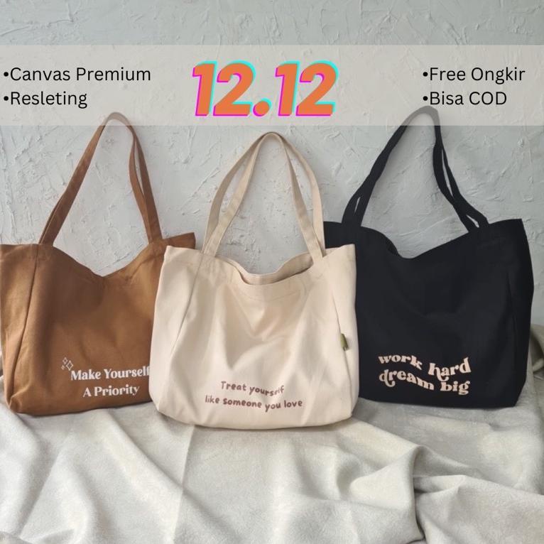 MURAH MERIAH Balo Canvas Tote Bag Resleting Kantong Sablon - Cabiciks