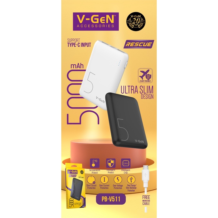 Powerbank V-GeN Rescue V511 5000 mAh 2 Port USB Output Slim Design