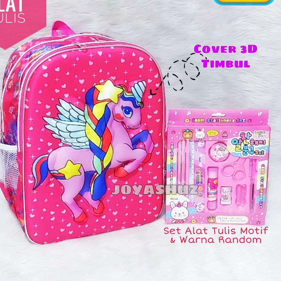 ♀ Tas Sekolah Anak Unicorn 3 Dimensi Gratis Set Alat Tulis / Ransel Unicorn / Tas Karakter Anak ✬