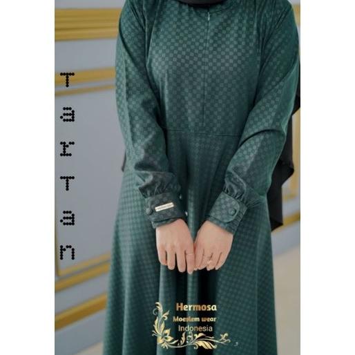 Gamis hermosa motif tartan warna hijau botol/gamis jotol/gamis hijau t