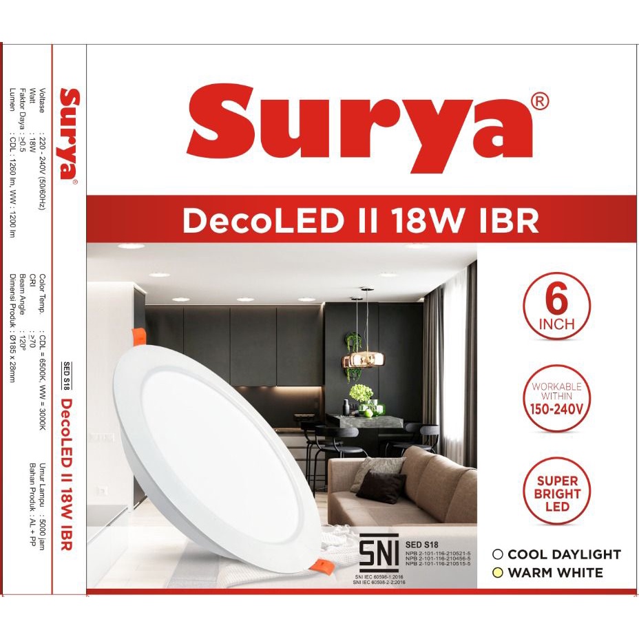Surya Lampu LED Downlight Decoled II IBR 18 Watt Inbow SNI