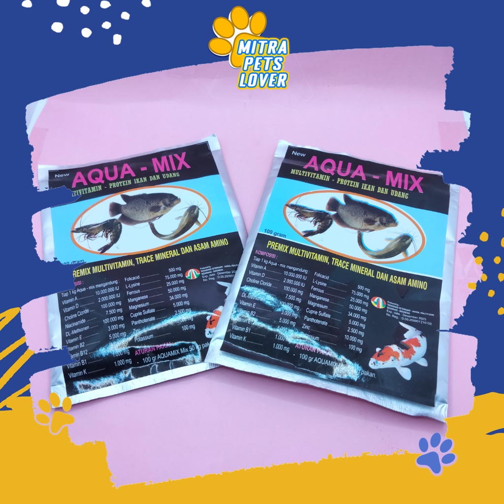 MULTIVITAMIN SUPLEMEN IKAN - AQUA MIX 100 GRAM - VITAMIN A,B,B12,B2,B1,K,D CHOLINE CLORIDE NIACINAMIDE - MENGANDUNG MAGNESIUM,L LYSINE UNTUK SEGALA JENIS FISH - BERKUALITAS MURAH ORIGINAL OBAT BAGUS AMAN - PET ANIMAL HEALTHCARE TAMASINDO - MITRAPETLOVER