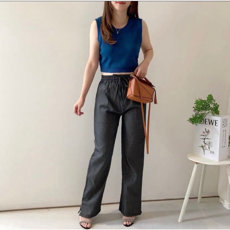 Celana Jeans Denim Kulot Pinggang Karet Snow / Jeans Tali Depan Premium Denim