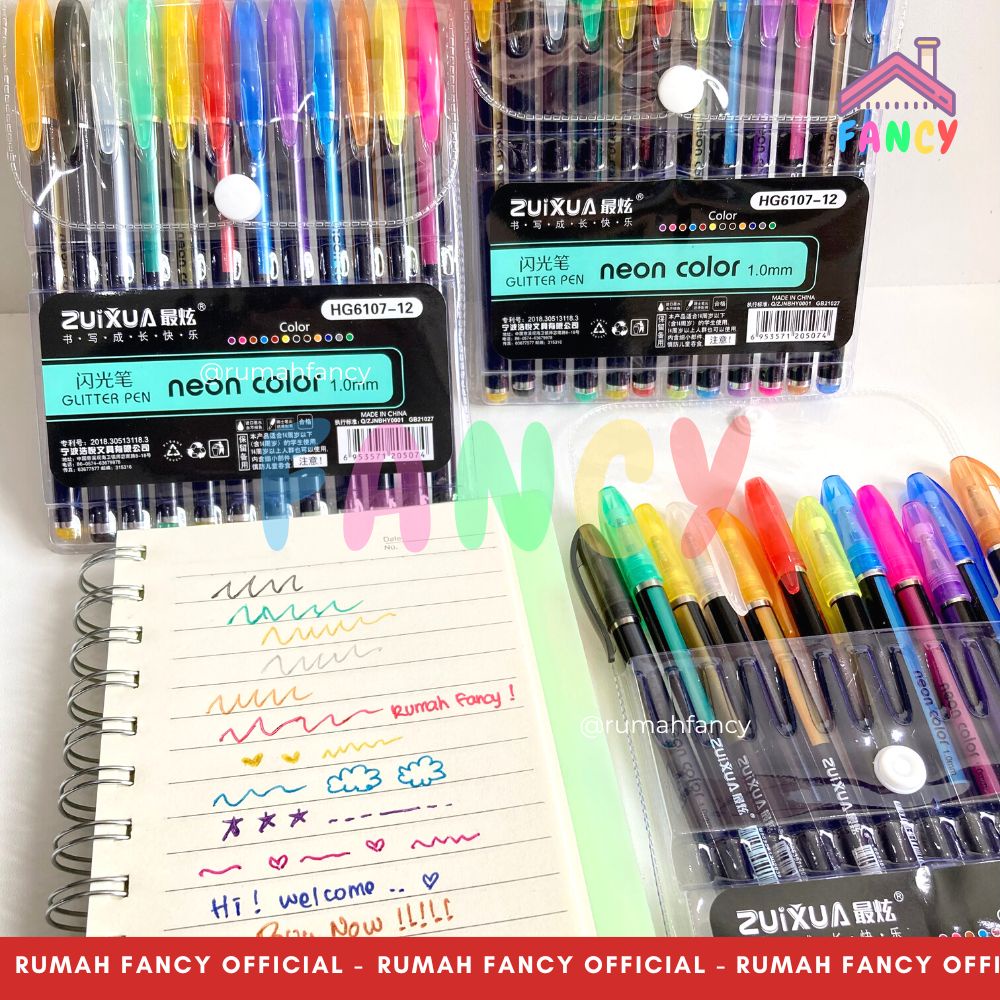 

[1 Set Isi 12 Pcs] Bolpen Warna-Warni Zuixua Glitter Neon Color 12 Warna / Bolpen Gliter Murah 6107