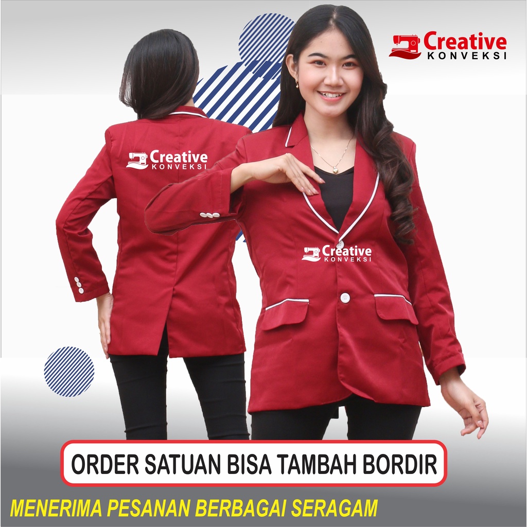 (BISA COD) Jas Blazer Pria wanita Formal Kancing dua Slim Fit jas warna merah maroon lis putih / jas almamater sekolah / jas osis / jas pondok pesantren