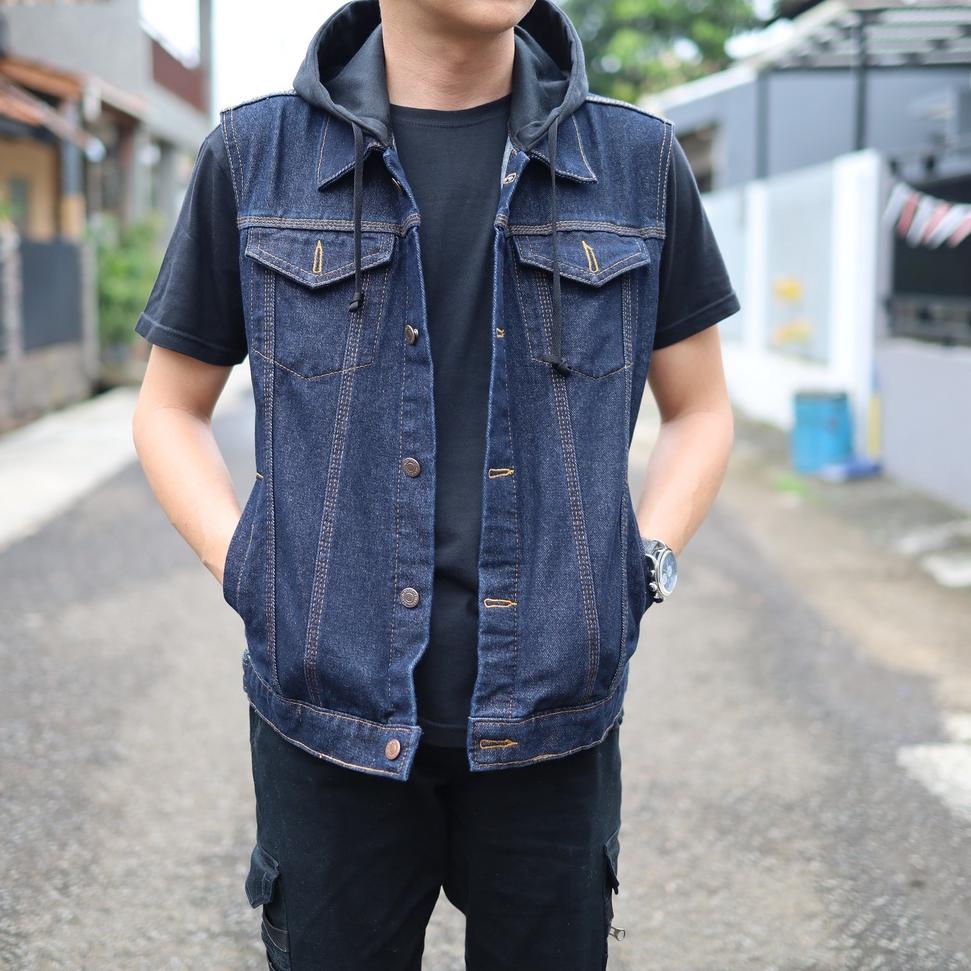 SPECIAL PRICE Rompi Jeans Pria / Rompi Jeans Hoodie / Rompi Denim Cowo Best Seller