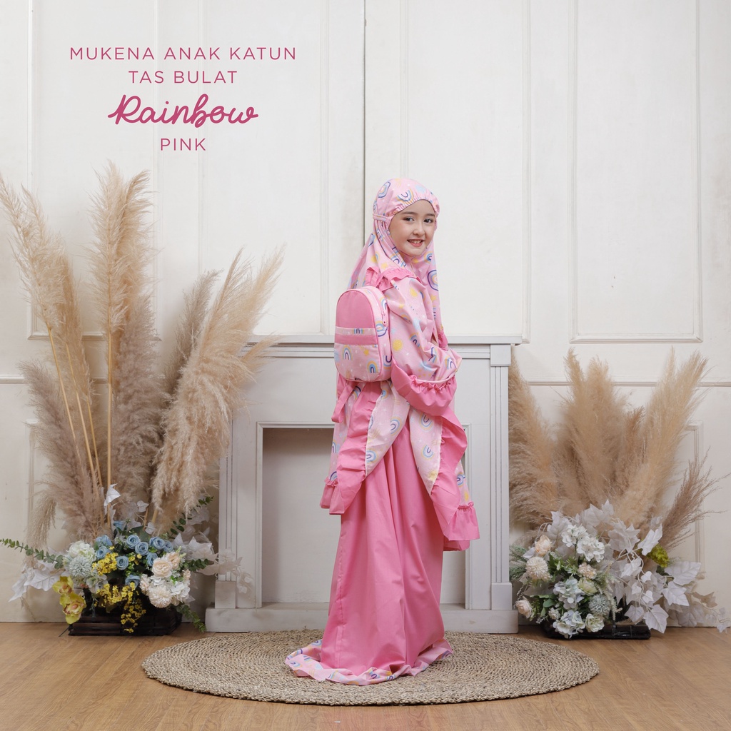 MUKENA BALI TASIK - MUKENA ANAK KATUN MOTIF RAINBOW PINK (TAS BULAT &amp; TAS SAJADAH)