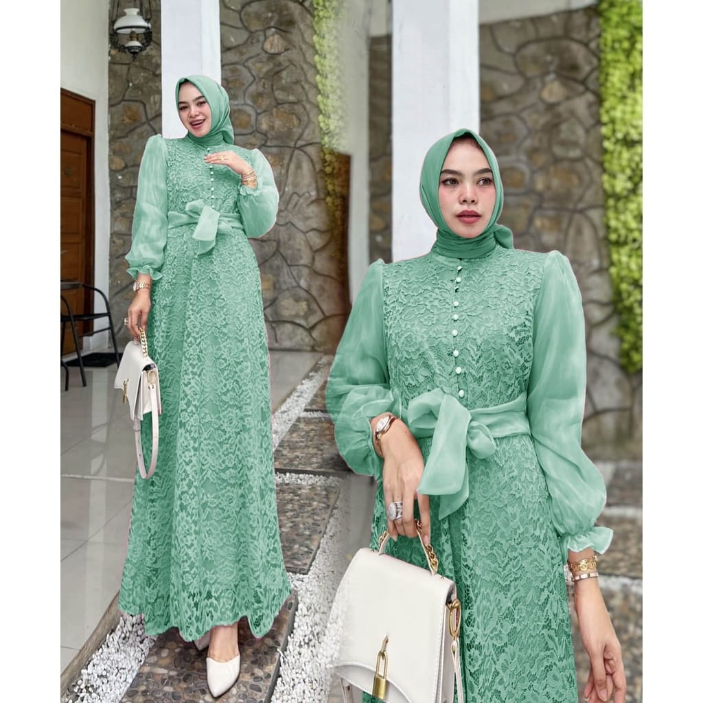 Gamis Pesta Hijau Sage Gamis Kondangan Hijau Sage Gamis Pesta Brukat Sage Gamis Pesta Brokat Terbaru