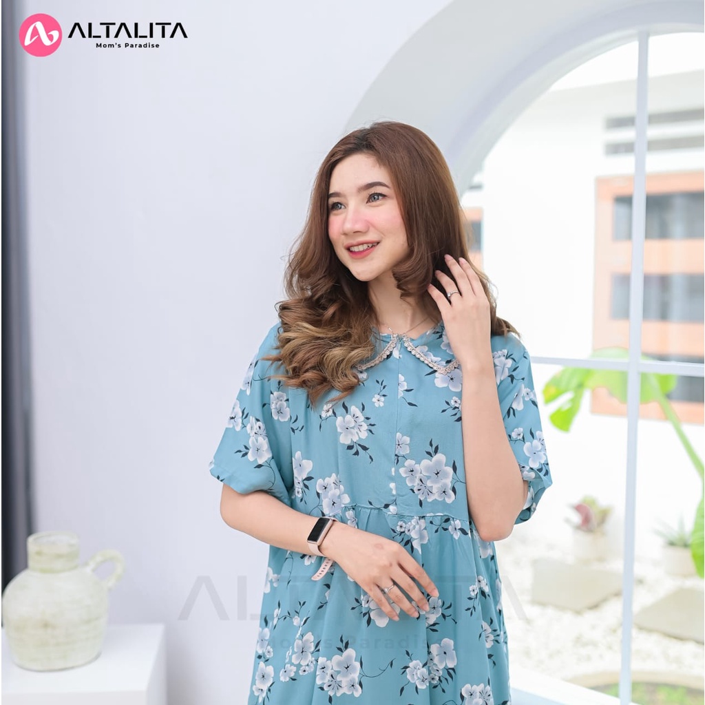 Altalita - Daster Kerah Renda Lengan Pendek Panjang Semata Kaki Busui Motif Wanita Remaja Kekinian Bahan Rayon Premium Jumbo LD 120