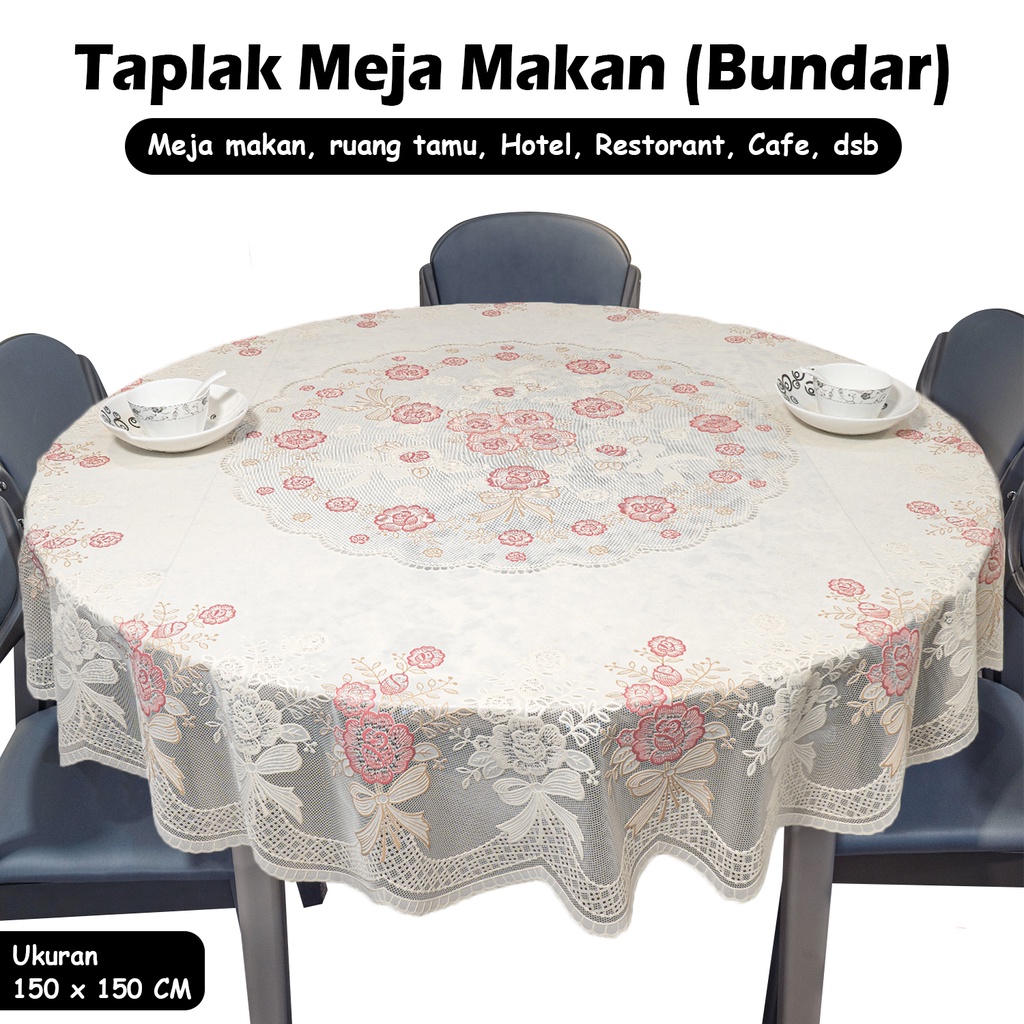 Taplak Meja Makan Bundar Motif Bunga Elegan &amp; Minimalis Ukuran 150cmx150cm Bahan PVC - D44-C