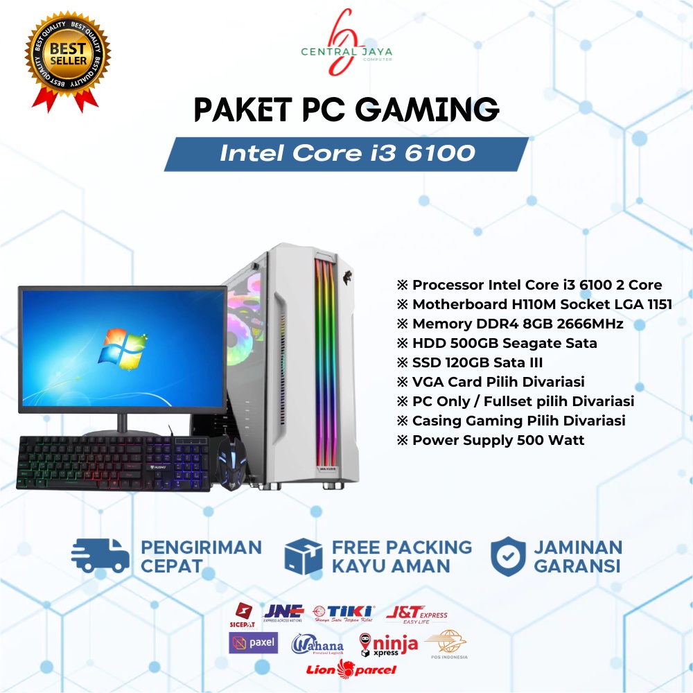 PC Gaming Editing Fullset Core i3 6100 RAM 8GB SSD HDD VGA GTX 1050 TI 4GB + Monitor 19 Inch komputer gaming full set desktop pc rakitan