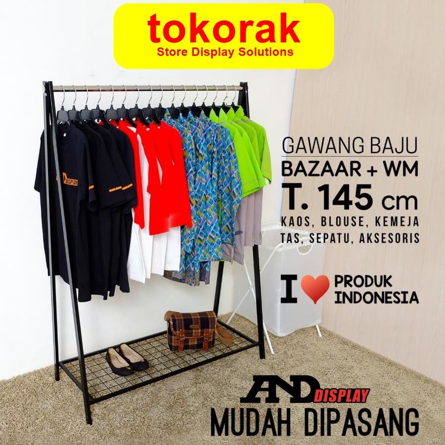 GAWANG BAJU BAZAR SINGLE + WM T 145 CM HITAM RAK BESI GANTUNGAN RAM