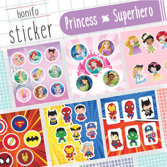 

Disney Princess, Rapunzel, Cinderella, Disney, Marvel, Iron Man, Spiderman, DC, Batman, Superman Sticker Sheet Princess & Superheroes