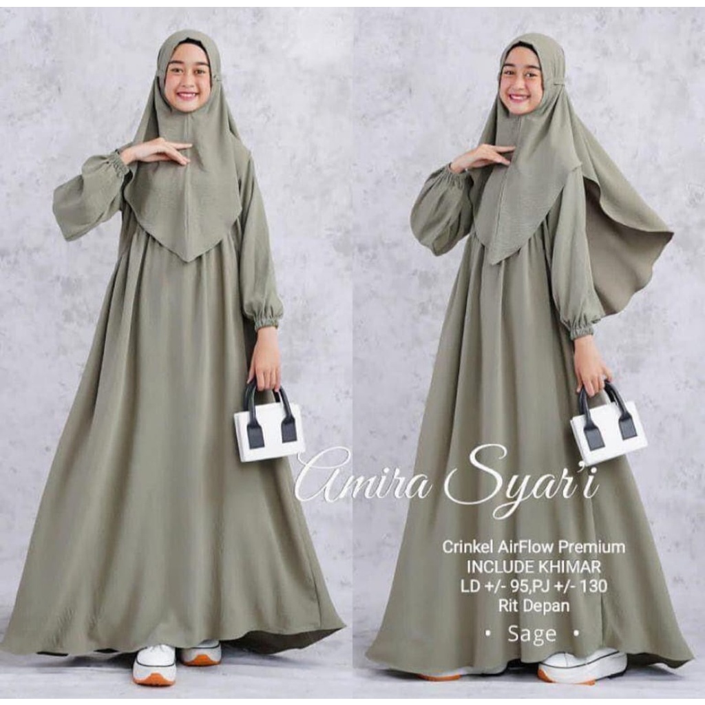 Amira Syari + Jilbab Gamis Remaja Usia 10-18 th, Dress Anak Tanggung Bahan Cringkel Airflow Baju Anak Perempuan Terbaru Pakaian Muslim Cewek Pesantren Outfit Muslimah Kekinian Fashion Terkini Dres Unty